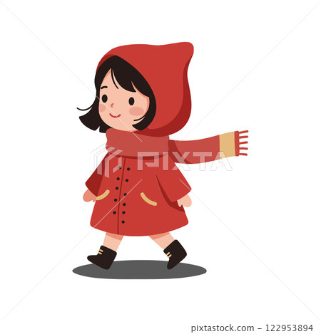 Cute girl in a red coat with scarf minimal vector illustration 122953894