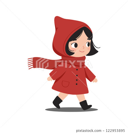 Young girl in red coat walking with scarf flat vector art 122953895