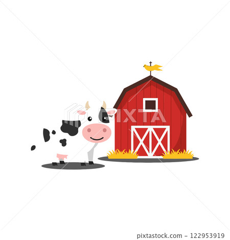Cute cartoon cow standing next to a red barn in flat vector art 122953919