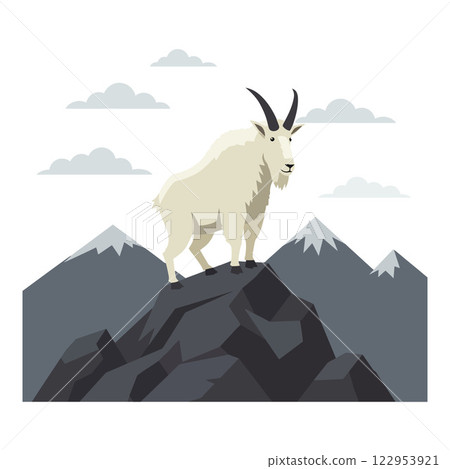 Mountain goat standing proudly on rocky peak in flat vector art Mountain goat standing proudly on rocky peak in flat vector art 122953921