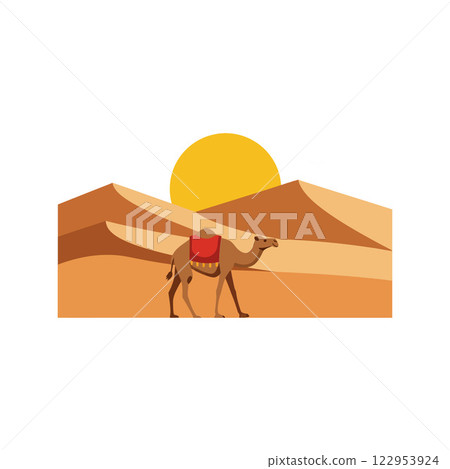 Camel walking through desert with sun setting in minimal flat vector art Camel walking through desert with sun setting in minimal flat vector art 122953924