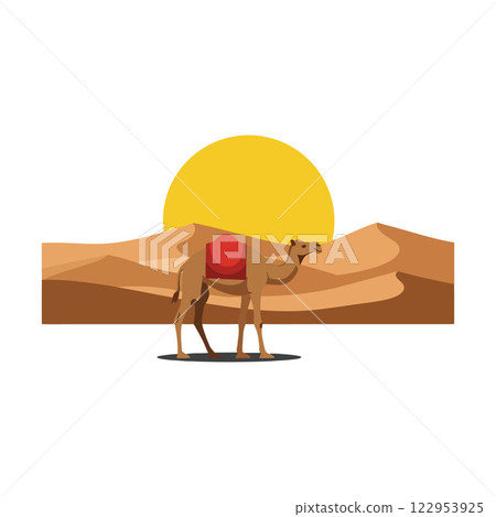 Camel in a desert landscape with a large sun in a flat, minimal vector art style 122953925