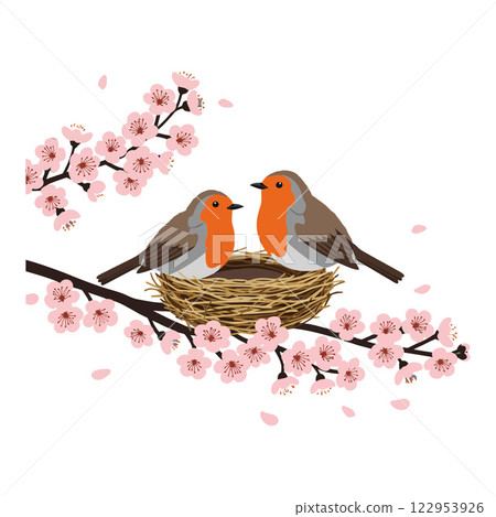 Two charming birds nestled in a cozy nest amidst blooming cherry blossoms in flat vector art 122953926