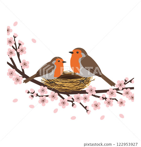 Two charming birds on a branch with blossoms in a flat vector illustration 122953927