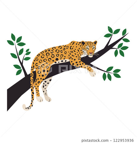 Leopard resting on a branch surrounded by green leaves in flat vector art style vector illustration 122953936