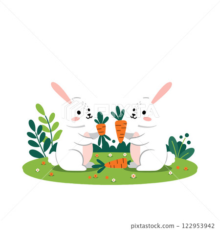 Cute rabbits holding carrots in a playful scene with flat design style vector illustration 122953942