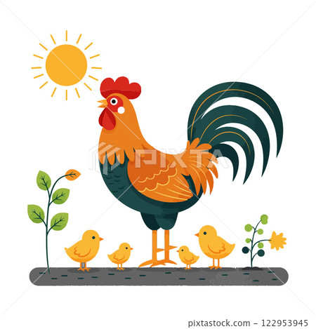 Colorful rooster standing proudly with chicks under sun in flat design vector illustration 122953945