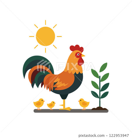 Colorful rooster and chicks in a sunny farm setting, flat design vector illustration 122953947