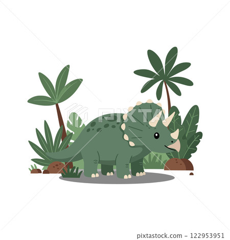 Cute triceratops character in a vibrant green flat vector illustration with tropical plants and foliage Cute triceratops character in a vibrant green flat vector illustration with tropical plants and foliage 122953951