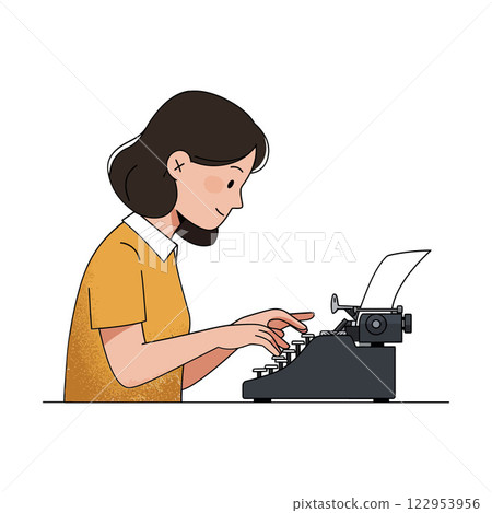 Young woman typing on a vintage typewriter in a minimal flat design vector art Young woman typing on a vintage typewriter in a minimal flat design vector art 122953956