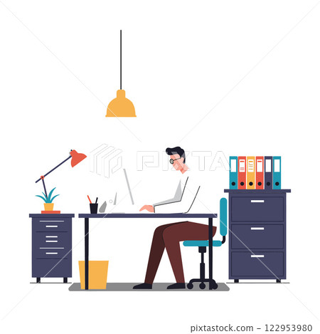 Office workspace scene featuring a focused man working at a desk in flat vector art 122953980