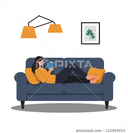 Cozy woman reading a book on a stylish couch with flat design vector art Cozy woman reading a book on a stylish couch with flat design vector art 122954014