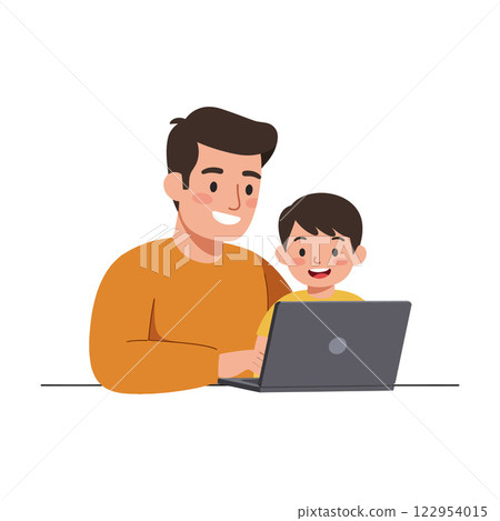Father and son joyfully interacting with laptop in flat, minimal vector art style Father and son joyfully interacting with laptop in flat, minimal vector art style 122954015