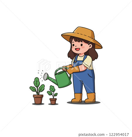 Gardener watering plants in flat style vector art with cheerful expression and vibrant colors in a garden setting 122954017