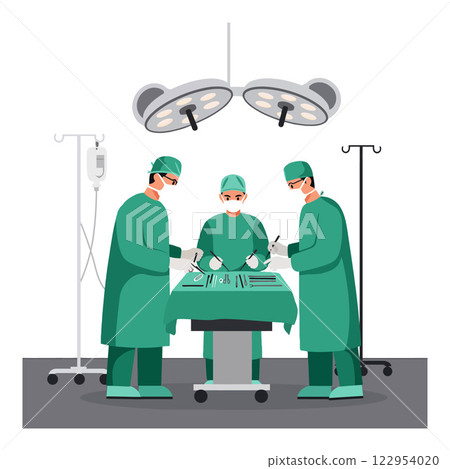 Surgical team performing operation in flat style vector art depicting medical professionals and equipment 122954020