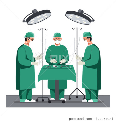 Surgeons in green scrubs performing an operation in a flat and minimalist design vector art Surgeons in green scrubs performing an operation in a flat and minimalist design vector art 122954021