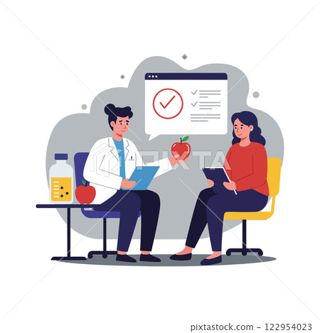 Doctor discussing health benefits of apples with patient in flat, colorful vector illustration 122954023