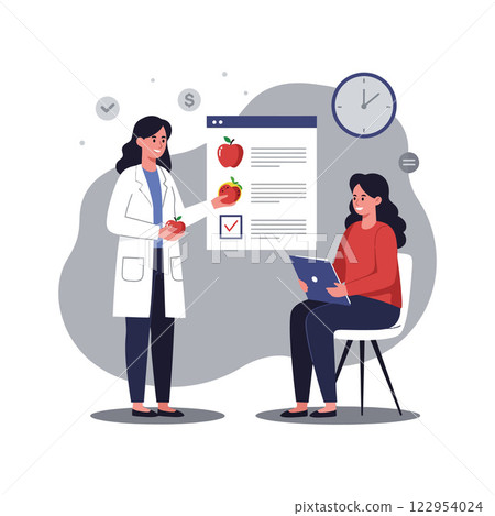 Healthcare professional discussing nutrition with client in flat vector illustration style showcasing healthy choices and guidance through vector art 122954024