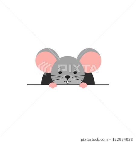 Cute gray mouse character peeking over a surface in flat vector art style, perfect for childrens illustrations or designs Cute gray mouse character peeking over a surface in flat vector art style, perfect for childrens illustrations or designs 122954028