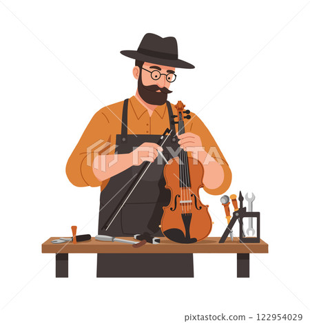 Luthier repairing a violin in flat design style, showcasing detailed tools and craftsmanship in vector art 122954029