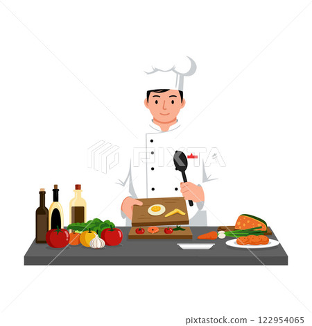 Chef preparing delicious meal with fresh ingredients in flat design vector art Chef preparing delicious meal with fresh ingredients in flat design vector art 122954065