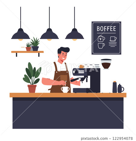 Coffee shop barista preparing espresso in flat style vector art illustration with plants and modern decor 122954078