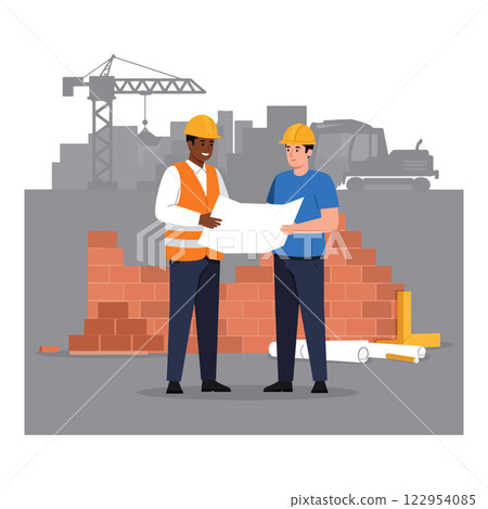 Construction workers collaborating on blueprints in minimal flat style vector art Construction workers collaborating on blueprints in minimal flat style vector art 122954085
