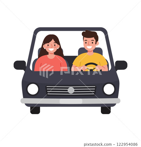 Two smiling individuals in a car with a flat design style in vector art Two smiling individuals in a car with a flat design style in vector art 122954086