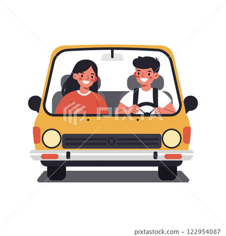 Car passengers enjoying a lively conversation in a bright flat vector illustration Car passengers enjoying a lively conversation in a bright flat vector illustration 122954087