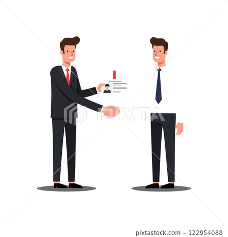 Business professionals exchanging a business card in a minimal flat design vector illustration Business professionals exchanging a business card in a minimal flat design vector illustration 122954088