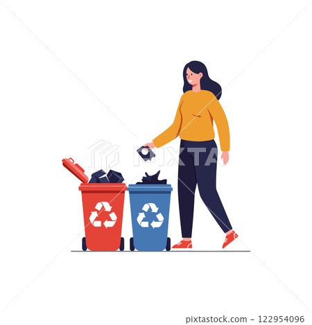 Woman recycling waste with colorful bins in a flat, minimal design vector illustration Woman recycling waste with colorful bins in a flat, minimal design vector illustration 122954096