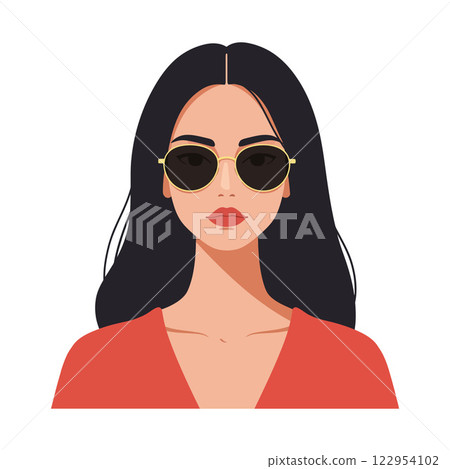 Stylish woman wearing sunglasses in flat design showcasing modern fashion and elegance in vector art 122954102
