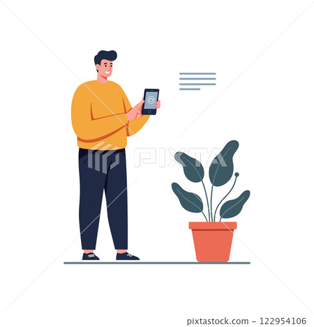 Person interacting with plant using tablet in flat vector illustration design style  122954106