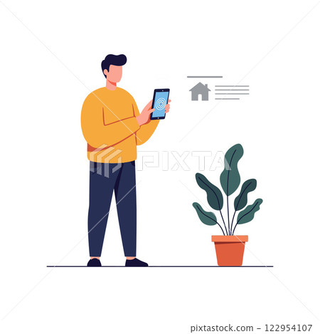 Person using a mobile device while standing next to a potted plant in flat vector art 122954107