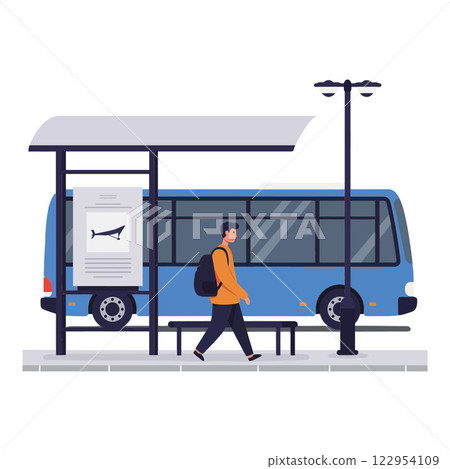 Bus stop scene featuring a man walking, minimal design with blue bus, flat vector illustration 122954109