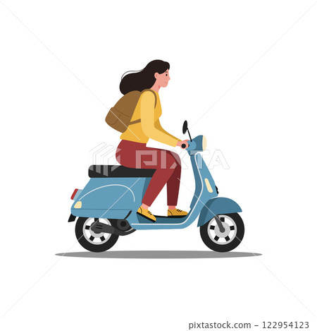 Woman riding a blue scooter with backpack in flat vector art style for playful transportation theme 122954123