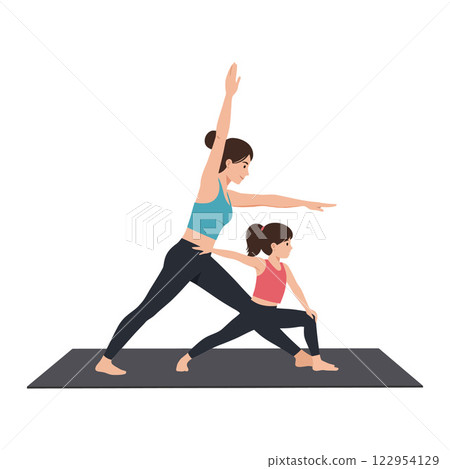 Mother and daughter practicing yoga poses in a flat, minimal style vector illustration Mother and daughter practicing yoga poses in a flat, minimal style vector illustration 122954129