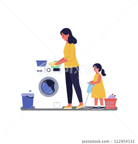 Woman and girl doing laundry in a flat, colorful, and cheerful style vector illustration 122954132