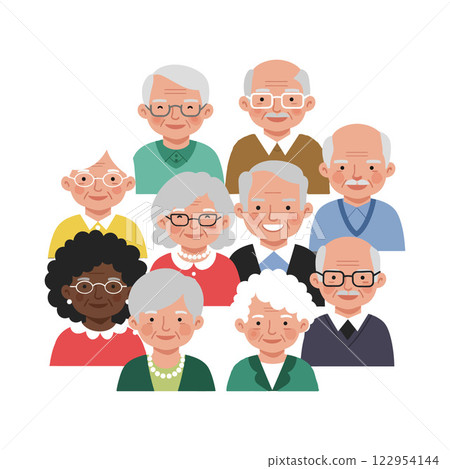 Group of diverse elderly individuals in a flat design style showcasing joyful expressions 122954144