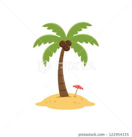 Lush green palm tree with coconuts on sandy island in minimal vector art style vector art 122954155