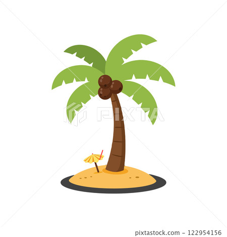 Palm tree illustration with beach umbrella and sand in flat vector art style 122954156