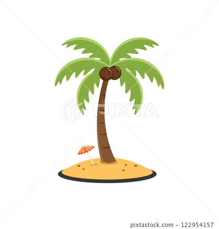 Tropical palm tree with vibrant green leaves and a small beach umbrella in flat vector illustration 122954157