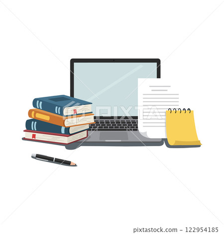 Computer with open screen surrounded by books, notepad, and pen in flat vector illustration 122954185