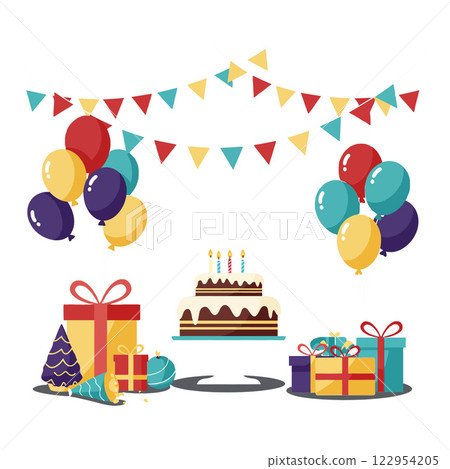Birthday celebration scene featuring cake, gifts, balloons, and festive decorations in flat vector art Birthday celebration scene featuring cake, gifts, balloons, and festive decorations in flat vector art 122954205