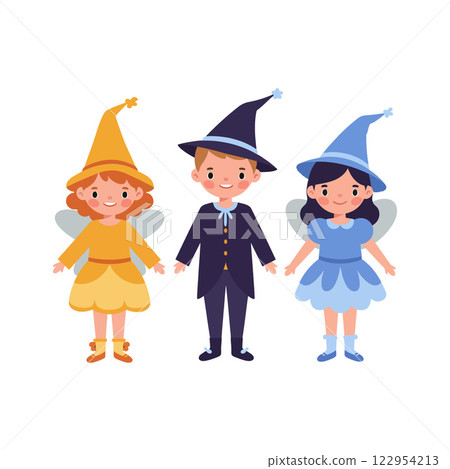 Three cheerful children dressed as fairies in colorful costumes showcasing flat vector art 122954213