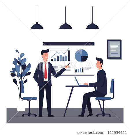 Business meeting scene with two professionals discussing data in flat vector illustration style 122954231