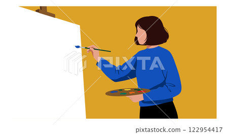 Artist preparing to paint on canvas with brush in hand in flat vector art style illustration Artist preparing to paint on canvas with brush in hand in flat vector art style illustration 122954417