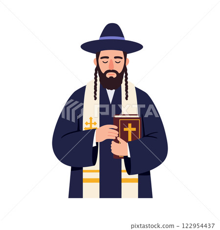 Religious leader holding a book in traditional attire with flat design elements showcasing minimal colors vector art Religious leader holding a book in traditional attire with flat design elements showcasing minimal colors vector art 122954437