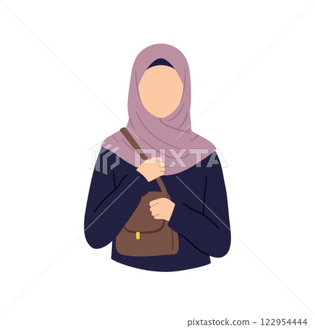 Woman wearing a hijab holding a handbag in flat minimal vector illustration style Woman wearing a hijab holding a handbag in flat minimal vector illustration style 122954444