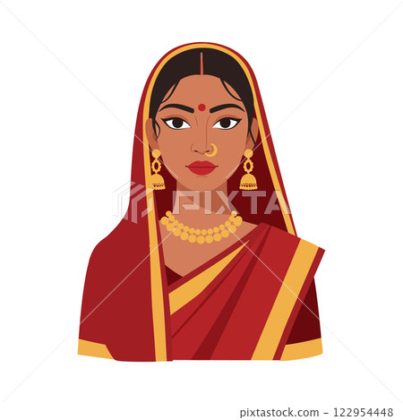 Traditional Indian woman in vibrant attire with intricate jewelry and elaborate hairstyle in flat vector art Traditional Indian woman in vibrant attire with intricate jewelry and elaborate hairstyle in flat vector art 122954448